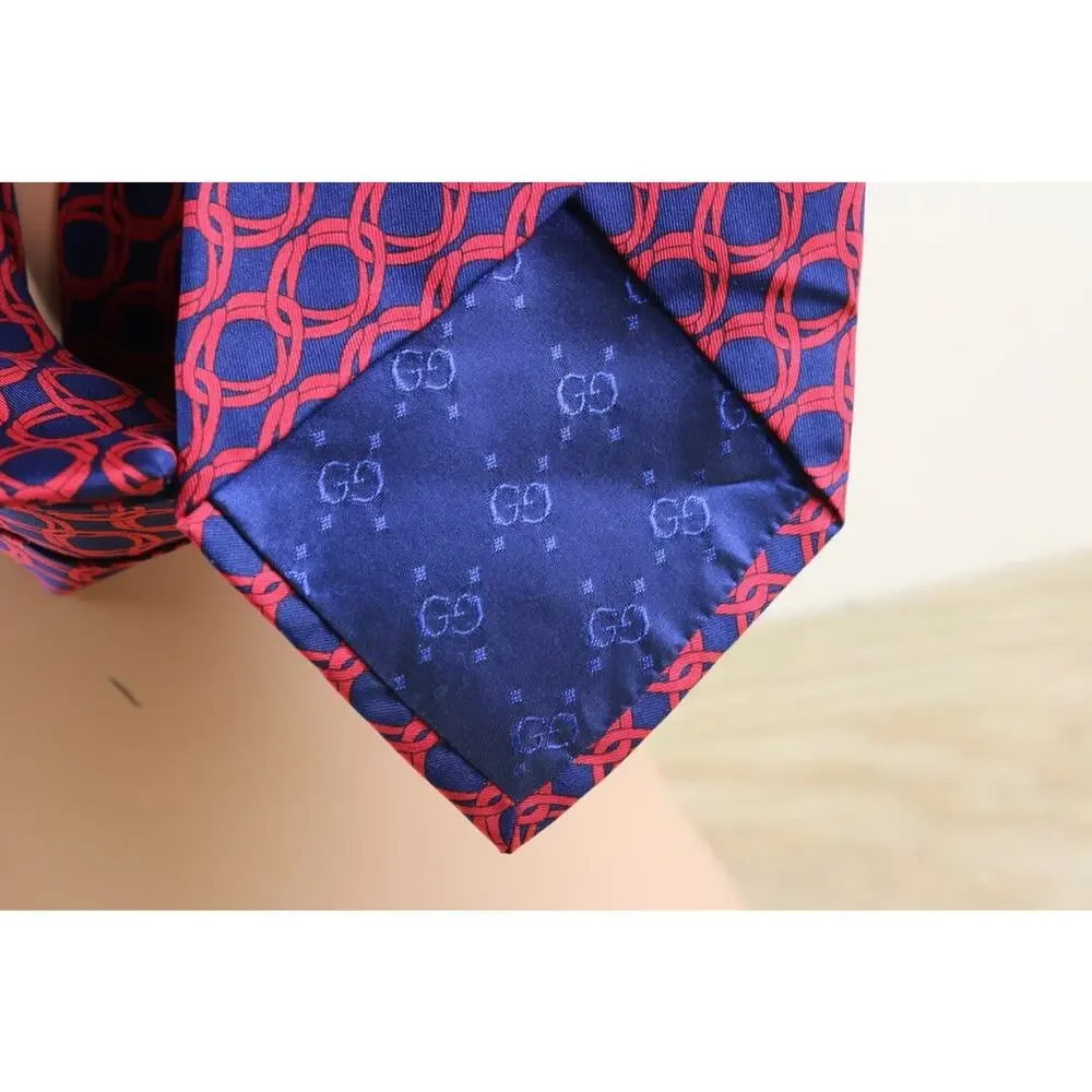Gucci Silk Tie Mens Red Blue Chain Link Pattern Wide Italy Vintage NO BOX